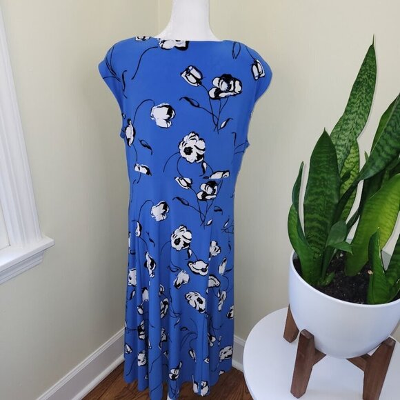Evan Picone Black Label Floral Knee Length Dress V-Neck Sleeveless Blue Size 14 - Picture 5 of 14